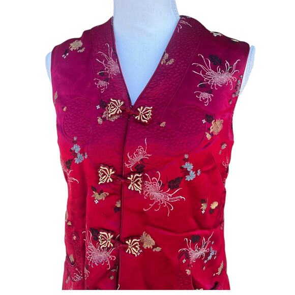 Vintage Women's Chinese Quilted Satin Brocade Waistcoat Red With Pockets Size L - Picture 6 of 6